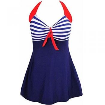 ALICECOCO Robe de Bain Retro Polka à Bascule Taille Unique avec Boyshort (EU 42-44 (3XL), Bande Bleu)