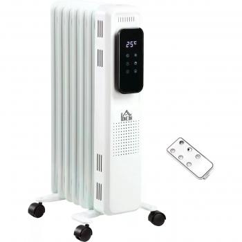 HOMCOM 1630W Oil Filled Radiator, 7 Fin, Portable Electric Heater w/ LED Display, 24H Timer, 3 Heat Settings, Safety Cut-Off Remote -White