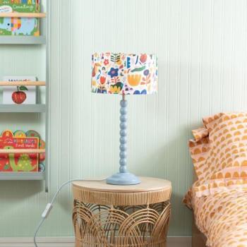 Powder Blue Jungle Drum Shade Table Lamp with Bobbin Stem