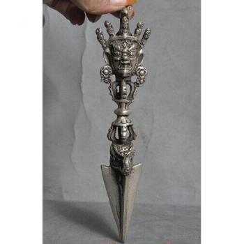 6 Mahakala Buddha Statue in Silver with Phurpa Vajra Daggers