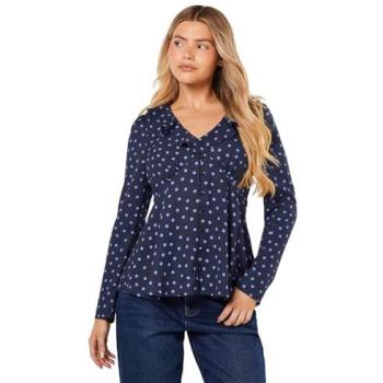 Blue Spot Ruffle Neck Long Sleeve Button Front Tea Blouse
