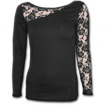 Women’s Gothic Elegance Long Sleeve One-Shoulder Lace Top in Black, XL – Spiral Edition