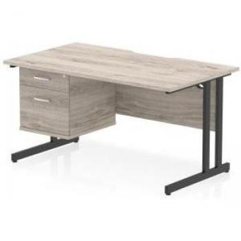 Impulse 1400x800 Scalloped Office Workbench – Grey Oak Finish, Cantilever Legs, Two-Drawer Ped