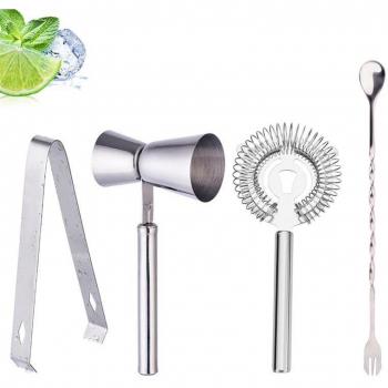 4PCS Bar Tool Set: Jigger, Mixing Spoon, Ice Strainer, Tongs