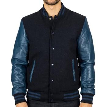 2XL Navy College Baseball Bomber – Wool Body, Real Leather Sleeves