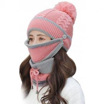 Pompom Knitted Winter Hat and Scarf Set for Women
