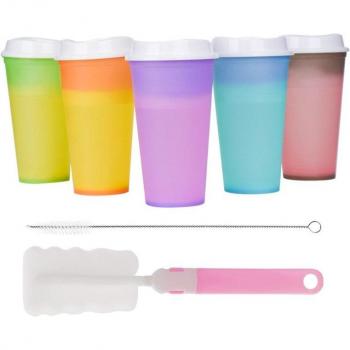 Tazas mágicas que cambian de color, set de 5 con tapas y pajitas, material plástico seguro
