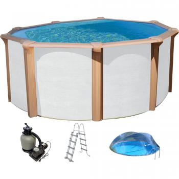 KWAD Rundpool „Timber CABRIO DOME“ mit Abdeckung – 5‑teiliger Satz, 132 cm Höhe, blaue Innenfolie, wartungsarm