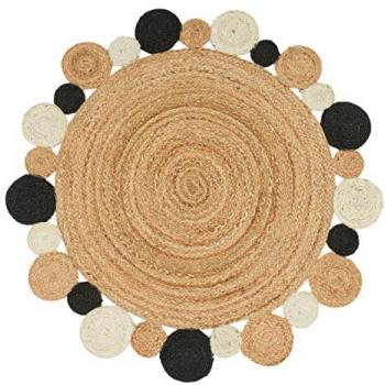Alfombra Circular Hecha a Mano en Tonos Beige y Negro, Ø 120 cm