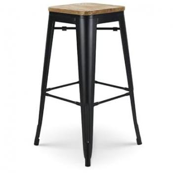 Tabouret de bar style industriel, métal noir mat et assise bois clair – 76 cm