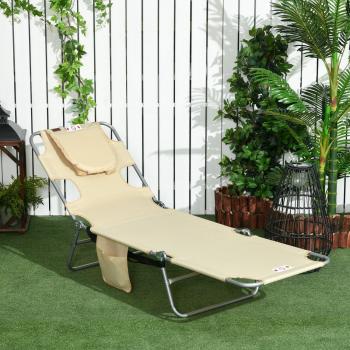 Outsunny Foldable Sun Lounger, Beach Chaise Lounge With Reading Hole, Arm Slots, 5-position Adjustable Backrest, Side Pocket, Pillow For Patio, Beige