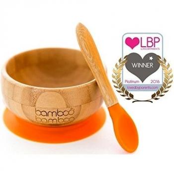 Set de Bowl para bebé con base adherente y cuchara, Bambú natural (Naranja)