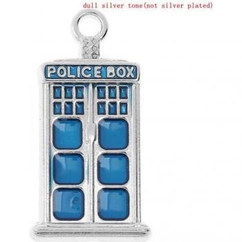 Carved Enamel Blue Police Box Charm Pendants, Silver Rectangle, 27mm x 14mm, 10 Pack