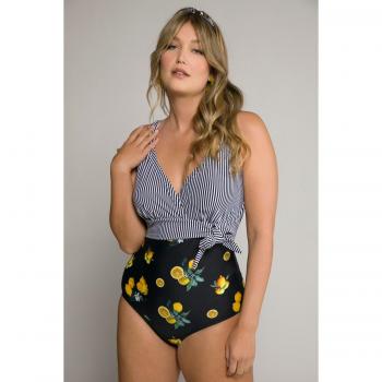 Black Plus Size Stripe Lemon Front Lined Swimsuit, Women, Size 34, Polyester/Synthetic Fibers/Spandex
