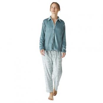 Pijama de mujer de terciopelo verde J&J Brothers, manga larga, botones