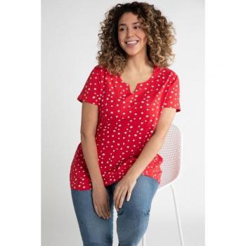 T-shirt a Puntini Svasata con Scollo a Tunica, Donna, Rossa, Taglia 56/58, Cotone