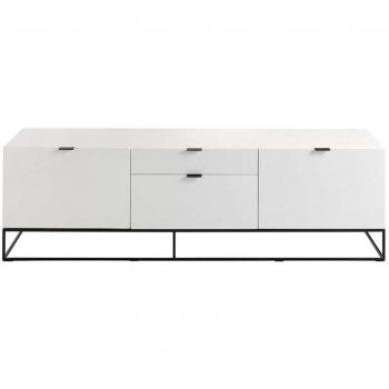 Aparador moderno bajo de 180 cm con 2 puertas y 2 cajones en madera lacada blanca y acero negro