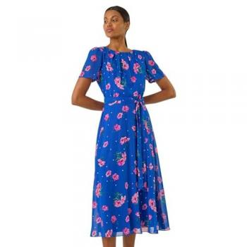 Robe à fleurs bleues en mousseline plissée