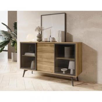 Best Mobilier Buffet bas 2 portes 3 tiroirs 2 étagères L144 cm bois / noir marron 144x86x39 cm