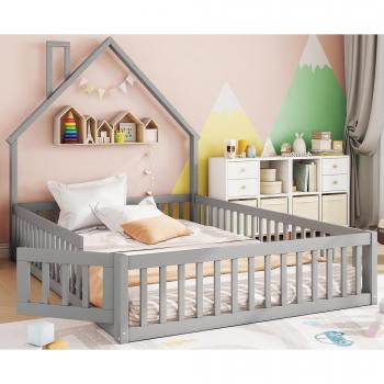 Sommet Bois 140x200 cm – Lit Cabane pour Enfants, Gris, Sommier à Lattes
