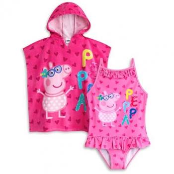 Pink Toddler Peppa Pig Poncho Towel + One‑Piece Swimsuit