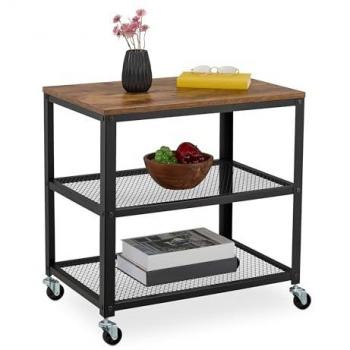 Rolling Utility Cart with 3 Shelves, Industrial Design, Steel & MDF, Black/Brown, 61x60x40 cm