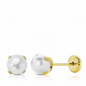 Pendientes Niña Oro 18k Perla Shell Imitación 5mm con Cierre Tornillo