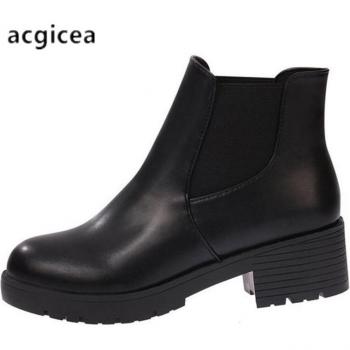 Women's Thick Sole Round Head PU Leather Waterproof Snow Boots c158