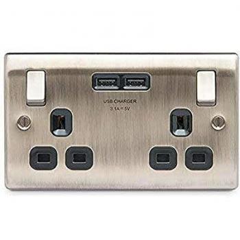 BG Electrical NAB22U3B Nexus Metal Antique Brass Double Switched Power Socket With USB Charging