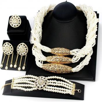 4pcs Gold Color Pearl Bridal Jewelry Set with Necklace Earring Ring Bracelet