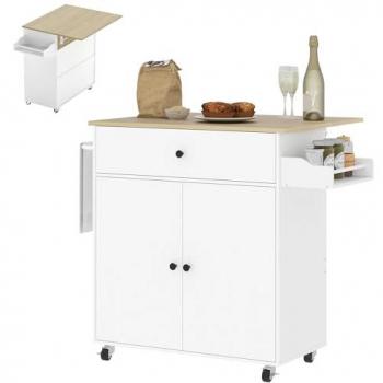 White Roll‑Away Kitchen Island Featuring Drop‑Leaf Tabletop