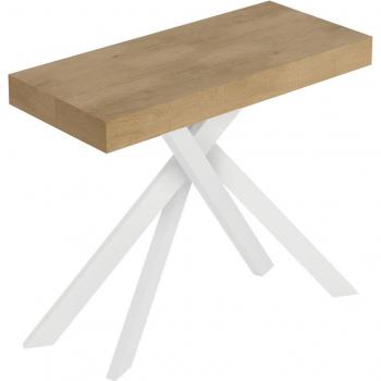Mini Saki Consola 90x40/196 cm, tono Roble natural con patas de madera blanca