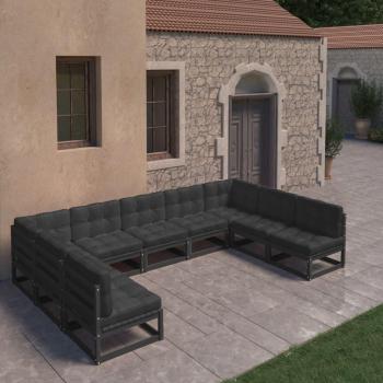Set de Sofás Jardín 9P con Cojines Negruzcos de Madera Pino
