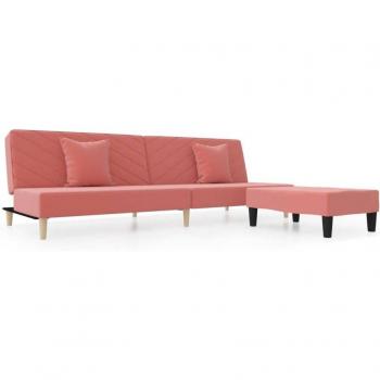 Sitzer Schlafsofa mit 2 Kissen und Fußhocker in rosa Samt