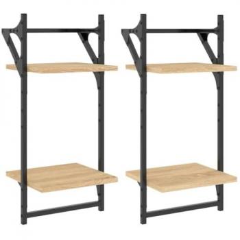 2 pcs 2-Tier Wall Shelves with Bars, Sonoma Oak, 30x25x65 cm
