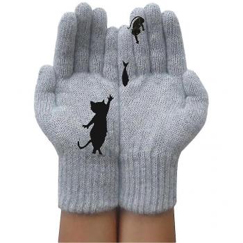 Gants de femme hiver gris avec motif chat