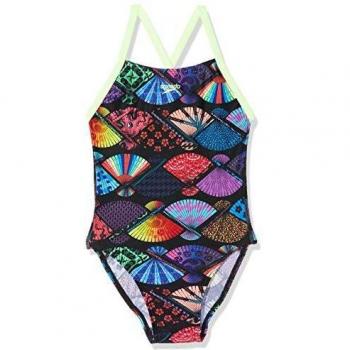 Speedo Maillot de Bain Fille Tranq Fan Allover Digi Thinstrap Crossback Noir/Bright Zest : XL