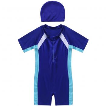 Traje de baño para niños y niñas de una pieza con manga corta, cremallera y gorro, UPF 50+
