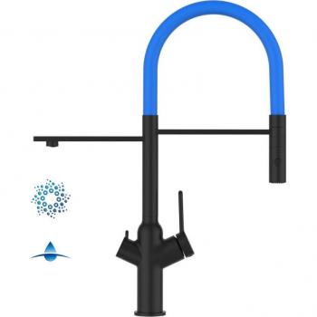 Grifo 4V Negro con Caño Giratorio 360°, Flex Azul Claro y Ducha Dual – Para Filtración