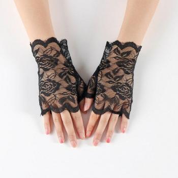 Frauen Tüllhandschuhe mit eleganter Spitze, halbe Finger, 1 Paar