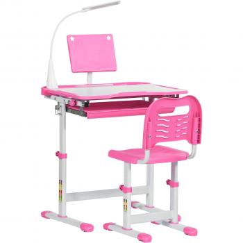 Banco Scuola con Sedia per Bambini 6-12 Anni, Altezza Regolabile, Piano Inclinabile a 45°, Lampada LED, Rosa Aosom