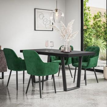 Aria Black Table Top with Black Legs + Anika Velvet Dining Chairs – Green Finish