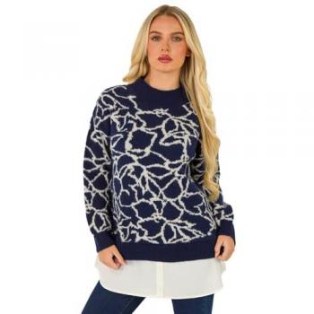 Haut Tricoté Floral avec Détails Contrastants 36 Bleu