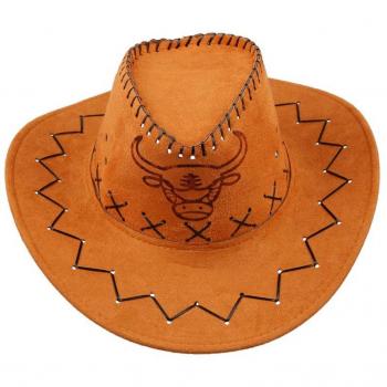 Brown Faux Suede Cowboy Hat for Men featuring Cow Head Pattern and Flannel Strap