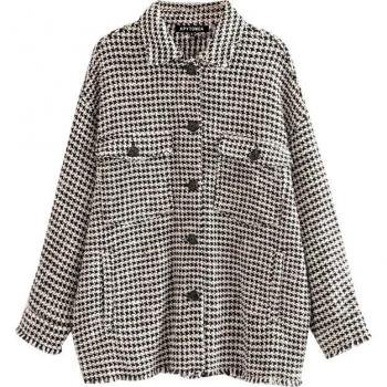 Blouson tweed oversize à motifs carrés, style vintage, manches longues, poches