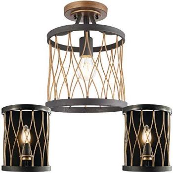 Industrial Bronze Ceiling Light and Pair of Wall Brackets – Metal Caged Vintage Bulbs