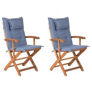 Set di 2 sedie da giardino pieghevoli in legno di acacia chiara con cuscini blu Maui