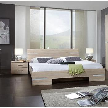 Lit adulte double Pegane avec chevets chêne/chrome