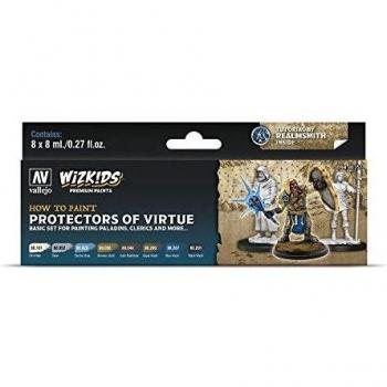 Set Pittura Vallejo Wizkids Premium (Protezione Virtue) con Colori: Carne Scura, Oro Glorioso, Lavaggio Blu, Blu Elettrico, Lavaggio Nero, Lavaggio Seppia, Bianco Sporco, Argento – 8 ml