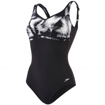 Speedo Damen Contourluxe Swimwear Print-Badeanzug – Schwarzwand Weisse Streifen, Größe 32